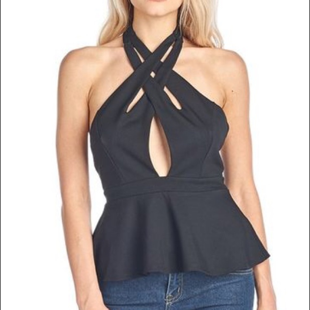 ONLY S & M LEFT! Black Peplum Keyhole Halter Top